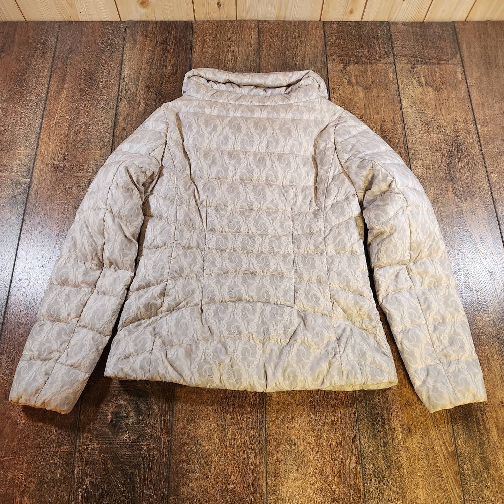 Eddie Bauer Goose Down Puffer Jacket Women's S Beige Lace Motif Full Zip Pockets - Picture 10 of 10